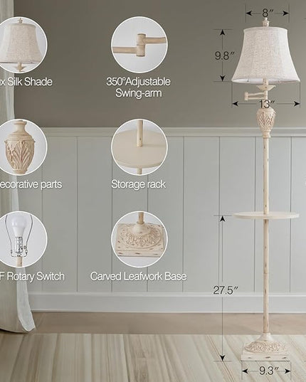Traditional LED Floor Lamp with 350° Adjustable Swing Arm Lamp – Vintage Standing Pole lamp for Living Room, Bedroom and Office – Rustic Upright Floor Light for Home Décor with Silk Fabric Shade - LeafyLoom