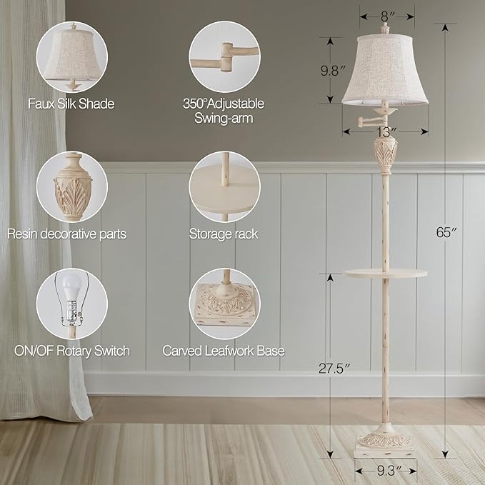 Traditional LED Floor Lamp with 350° Adjustable Swing Arm Lamp – Vintage Standing Pole lamp for Living Room, Bedroom and Office – Rustic Upright Floor Light for Home Décor with Silk Fabric Shade - LeafyLoom