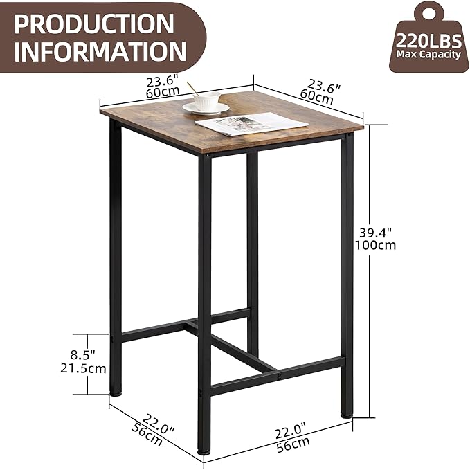 Finnhomy Bar Table, 23.6" Pub Table High Top Table, Square Bar Height Table, Counter Height Cocktail Table, Small Kitchen Table Set for 2, Breakfast for Kitchen, Living Room, Rustic Brown - LeafyLoom