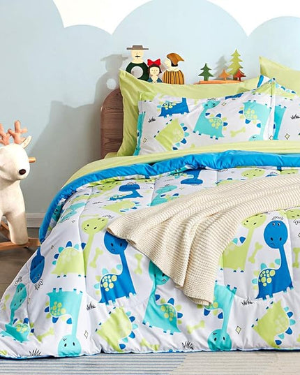 SLEEP ZONE Kids Bedding Comforter Set Full/Queen Size - Super Cute & Soft Kids Bedding 7 Pieces Set with Comforter, Sheet, Pillowcase & Sham (Cute Dino) - LeafyLoom