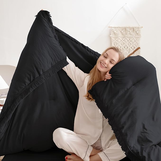 Andency Black Comforter Set King Size, 3 Pieces Boho Tassel Lightweight Bedding Comforter Sets for King Bed, All Season Soft Fluffy Fringe Bed Set (104x90In Comforter & 2 Pillowcases) - LeafyLoom