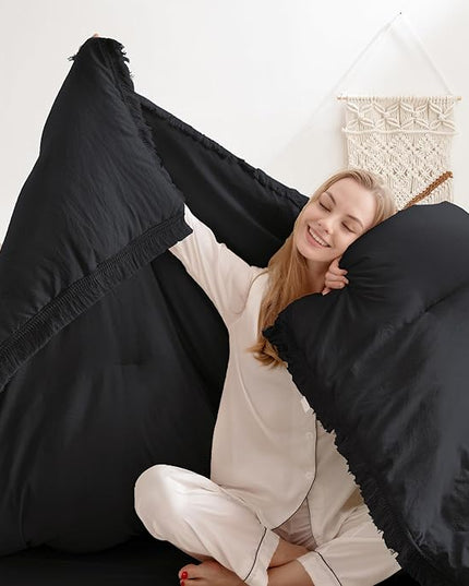 Andency Black Comforter Set Full Size, 3 Pieces Boho Tassel Lightweight Bedding Comforter Sets, All Season Soft Fluffy Fringe Bed Set (79x90In Comforter & 2 Pillowcases) - LeafyLoom