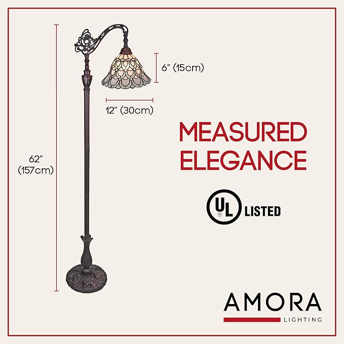 Amora Tiffany Floor Lamp Torchiere - Arched Style Peacock Floor Lamp - 62” Tall Peacock Floor Stained Glass Lamp - Tiffany Floor Lamps for Living Room - LeafyLoom
