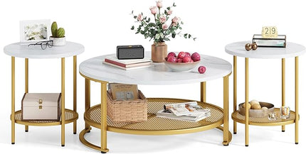 LINSY Home Round Coffee Table Set of 3 for Living Room, Modern Coffee Table with Open Storage, Wood Surface Top & Sturdy Metal Legs Large Circle Coffee Table, White and Gold - LeafyLoom