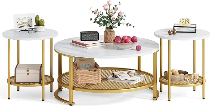 LINSY Home Round Coffee Table Set of 3 for Living Room, Modern Coffee Table with Open Storage, Wood Surface Top & Sturdy Metal Legs Large Circle Coffee Table, White and Gold - LeafyLoom