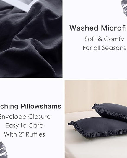 Shabby Comforter Set Queen,Farmhouse Rustic Microfiber Bedding Ruffled Comforter Set,Vintage Dark Gray Ruffle Comforter for Queen Bed Fluffy Aesthetic Grey Bedding 3 Pieces - LeafyLoom