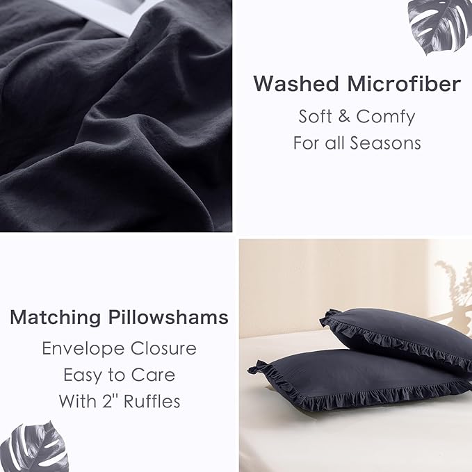Shabby Comforter Set Queen,Farmhouse Rustic Microfiber Bedding Ruffled Comforter Set,Vintage Dark Gray Ruffle Comforter for Queen Bed Fluffy Aesthetic Grey Bedding 3 Pieces - LeafyLoom