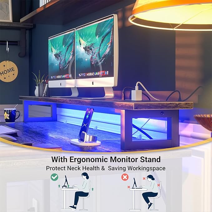 Computer Desk with USB Power Outlets and LED Lights, 55 inch Gaming desk with Monitor Stand for Small Space Home Office, Modern Simple Study Writing Table PC Desks, Black Oak - LeafyLoom
