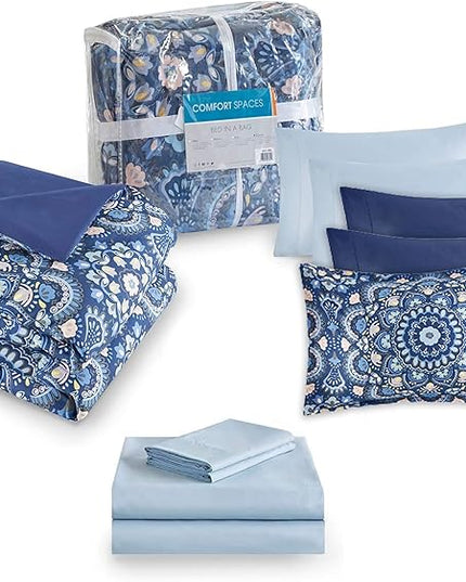 Comfort Spaces Girls Bed in A Bag Floral Comforter Set College Dorm Room Essentials, Complete Dormitory Bedroom Pack And Sheet with 2 Side Pocket Includes Extra Pillowcase Sets, Queen, Medallion Blue - LeafyLoom