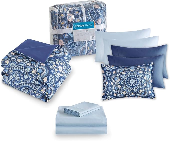 Comfort Spaces Girls Bed in A Bag Floral Comforter Set College Dorm Room Essentials, Complete Dormitory Bedroom Pack And Sheet with 2 Side Pocket Includes Extra Pillowcase Sets, Queen, Medallion Blue - LeafyLoom