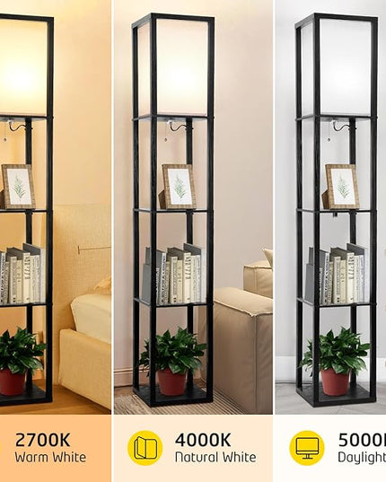 Shelf Floor Lamp, Shelves Floor Lamp for Living Room Bedroom, 4-Tier Modern Shelf Floor Lamp with 3CCT LED Blub(Black) - LeafyLoom