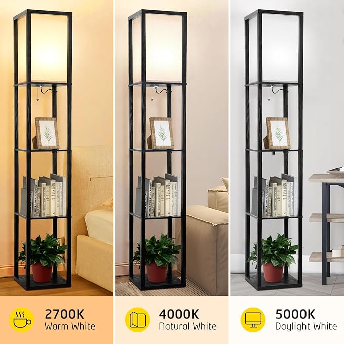 Shelf Floor Lamp, Shelves Floor Lamp for Living Room Bedroom, 4-Tier Modern Shelf Floor Lamp with 3CCT LED Blub(Black) - LeafyLoom