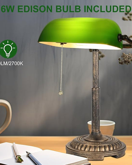 Bankers Lamp, Green Desk Lamp with Pull Switch, Vintage Table Lamps for Home Office, Library, Piano LED Bulb Included (Green) - LeafyLoom