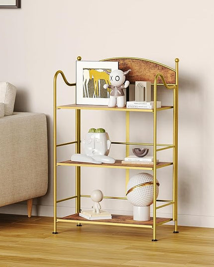 Folding Bookshelf No Assembly, 3 Shelf Gold Folding Bookcase,Industrial Small Metal Corner Display Book Shelf with Storage Shelves for Bedroom,Living Room, Home Office - LeafyLoom