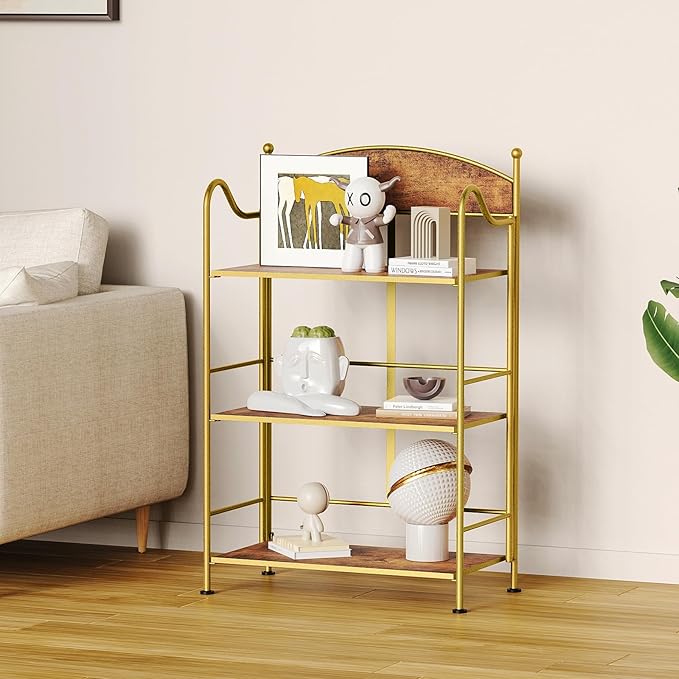 Folding Bookshelf No Assembly, 3 Shelf Gold Folding Bookcase,Industrial Small Metal Corner Display Book Shelf with Storage Shelves for Bedroom,Living Room, Home Office - LeafyLoom