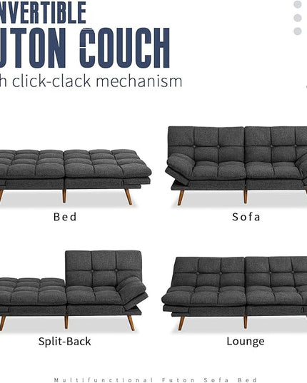 IULULU Futon Sofa Bed, Modern Convertible Sleeper Couch Daybed with Adjustable Armrests for Studio, Apartment, Office, Small Space, Compact Living Room, Dark Gray - LeafyLoom