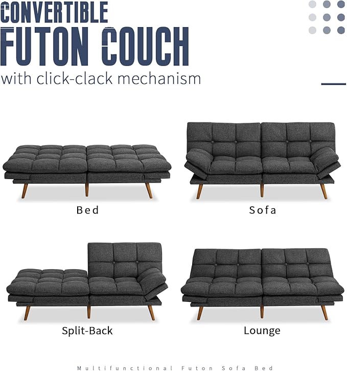 IULULU Futon Sofa Bed, Modern Convertible Sleeper Couch Daybed with Adjustable Armrests for Studio, Apartment, Office, Small Space, Compact Living Room, Dark Gray - LeafyLoom