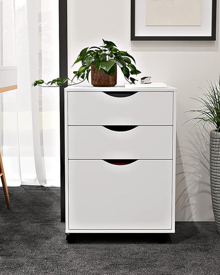 3 Drawers Storage Cabinet, Wooden Mobile Filing Cabinet for Mini Printer Stand, with Lockable Casters, for Home Office (3-Drawers, White) - LeafyLoom