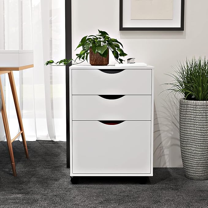 3 Drawers Storage Cabinet, Wooden Mobile Filing Cabinet for Mini Printer Stand, with Lockable Casters, for Home Office (3-Drawers, White) - LeafyLoom