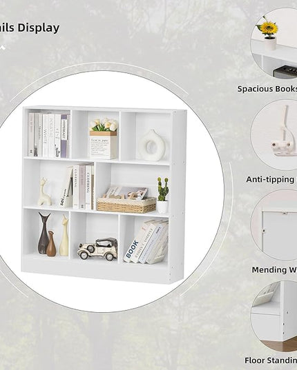 YAHARBO White 3 Tier Bookshelf,Wide Modern Horizontal Bookcase,Wood Low Book Shelf,Wide Display Storage Cabinet with Base,Floor Standing 8 Cube Large Bookcases Organizer for Bedroom,Living Room,Office - LeafyLoom