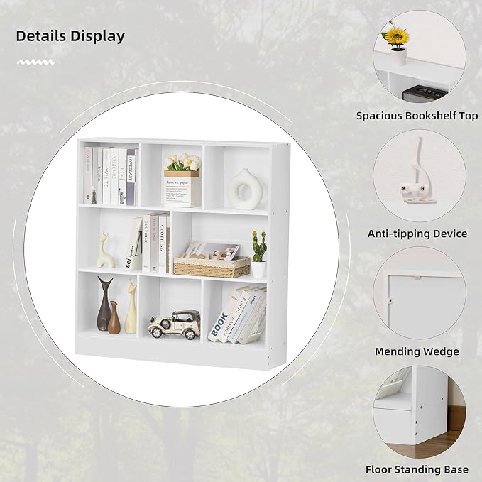 YAHARBO White 3 Tier Bookshelf,Wide Modern Horizontal Bookcase,Wood Low Book Shelf,Wide Display Storage Cabinet with Base,Floor Standing 8 Cube Large Bookcases Organizer for Bedroom,Living Room,Office - LeafyLoom