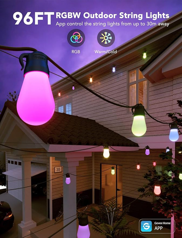 Govee Smart Outdoor String Lights H7016, 96ft RGBIC Outdoor Lights with 30 Dimmable LED Bulbs, IP65 Waterproof, Color Changing Warm White Lights with 47 Scene Modes for Patio, Backyard, App Control Govee