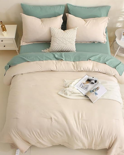 MILDLY Full Size Comforter Set 7 Piece Color Clash, Khaki Bed in a Bag, All Season Bedding Sets with 1 Comforter, 2 Pillow Shams, 2 Pillowcases, 1 Flat Sheet, 1 Fitted Sheet - LeafyLoom