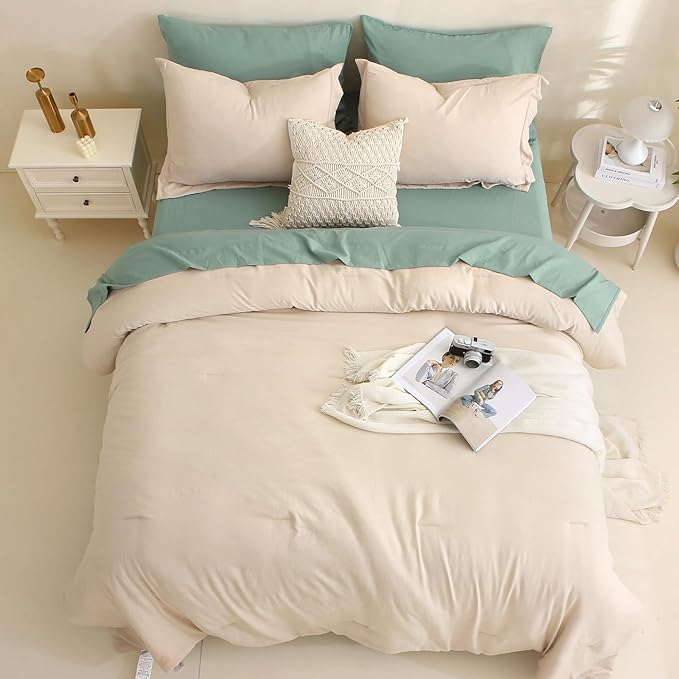 MILDLY Full Size Comforter Set 7 Piece Color Clash, Khaki Bed in a Bag, All Season Bedding Sets with 1 Comforter, 2 Pillow Shams, 2 Pillowcases, 1 Flat Sheet, 1 Fitted Sheet - LeafyLoom