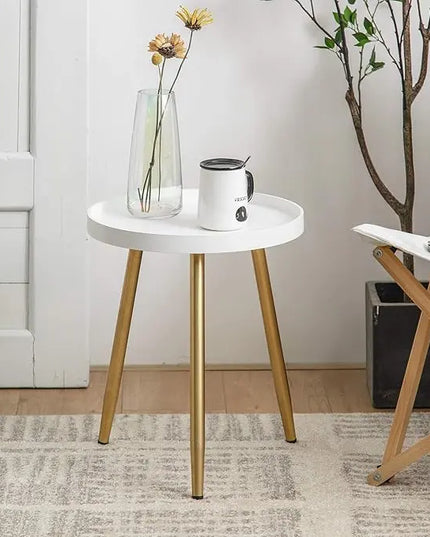 Round Side Table Wooden Tray Table with Metal Tripod Stand Nightstand Coffee Table End Table for Living Room Bedroom Office Small Spaces, 18" H x 15”D (White & Gold) - LeafyLoom