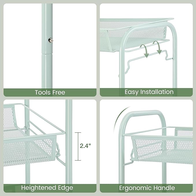 TOOLF 4-Tier Rolling Cart, Metal Utility Cart with 3 Hooks, Easy Assemble Mobile Storage Trolley On Wheels, Metal Shelving Units Kitchen Bathroom Laundry Room - LeafyLoom