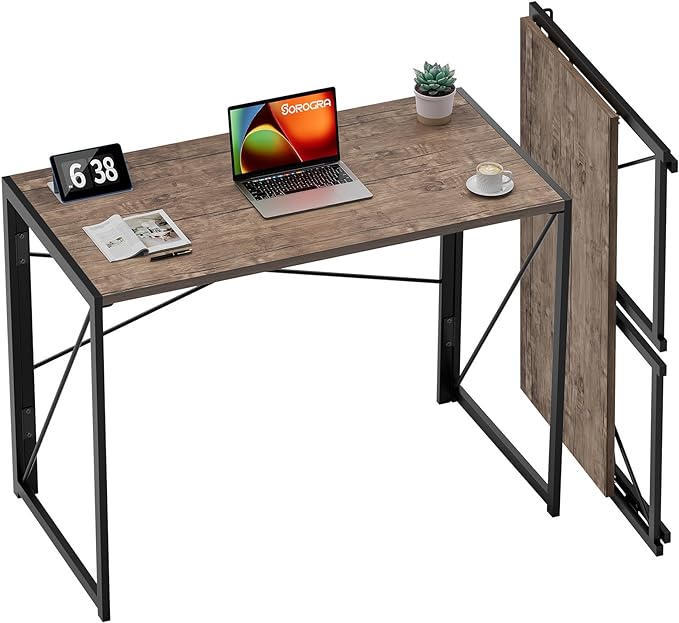 Coavas Folding Desk No Assembly Required, 31.5 inch Writing Computer Desk Space Saving Foldable Table Simple Home Office Desk,Brown - LeafyLoom