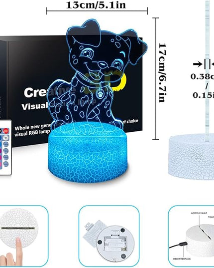 Dog Night Light 3D Illusion Lamp Kids Bedside Lamp 16 Color Change Decor Lamp with Remote & Smart Touch, Gifts for Christmas Birthday Boys Men Girls - LeafyLoom