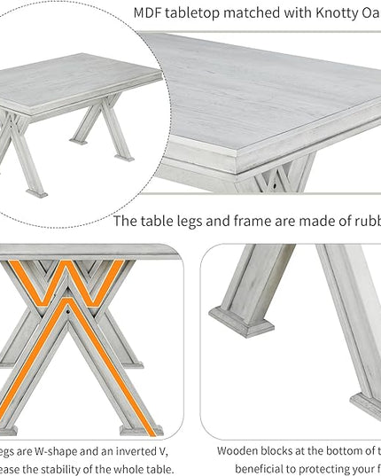 Retro 59" L Rectangular Unique Legs and 4 Upholstered Chairs & 1 Bench, Rubber Wood, Easy Assembly, for Kitchen, Room, 6 Piece Dining Table Set, White 28 - LeafyLoom