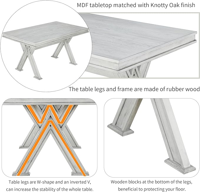 Retro 59" L Rectangular Unique Legs and 4 Upholstered Chairs & 1 Bench, Rubber Wood, Easy Assembly, for Kitchen, Room, 6 Piece Dining Table Set, White 28 - LeafyLoom
