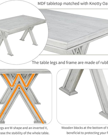 Merax (White Table Set with Unique Legs and 4 Upholstered Chairs & 1 Bench, 6-Piece L Rectangular - LeafyLoom