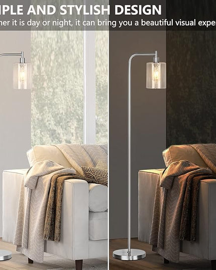 QiMH Industrial Floor Lamp for Living Room, Modern Standing Lamp with HD Glass Lampshade and Pedal Switch, 67” Tall Pole Light for Bedroom Study Room, Brushed Silver (2700K LED Bulb Included) - LeafyLoom