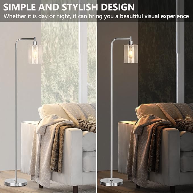 QiMH Industrial Floor Lamp for Living Room, Modern Standing Lamp with HD Glass Lampshade and Pedal Switch, 67” Tall Pole Light for Bedroom Study Room, Brushed Silver (2700K LED Bulb Included) - LeafyLoom