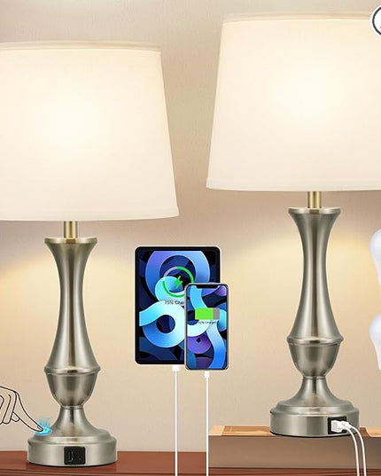 Touch Lamps for Bedrooms Set of 2 - Nightstand Table Lamp with USB C+A, 3 Way Dimmable Bedside Lamps for Living Room End Tables Set of 2, Farmhouse Night Stand Lamps(White&Nickel) - LeafyLoom