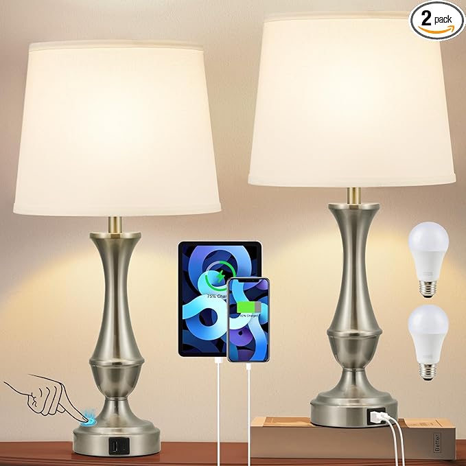 Touch Lamps for Bedrooms Set of 2 - Nightstand Table Lamp with USB C+A, 3 Way Dimmable Bedside Lamps for Living Room End Tables Set of 2, Farmhouse Night Stand Lamps(White&Nickel) - LeafyLoom