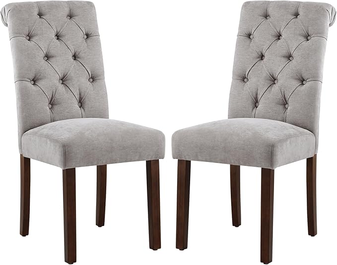 COLAMY Button Tufted Dining Chairs Set of 2, Parsons Upholstered Fabric Dining Room Chairs Kitchen Chairs with Wood Legs and Padded Seat, Light Grey - LeafyLoom