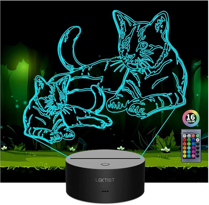 Pet Cat lamps 3D Cat Night Light Pet Cat Optical Illusion Nightlights Cat 3D Lamp 16 Colors Remote Control Perfect Cat Gifts Christmas Gifts Birthday Gift for Children Girls boys Room decor - LeafyLoom