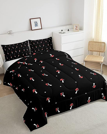 Cute Mushroom Comforter Set King Kid Cartoon Kawaii Reversible Bedding Set Red Mushroom Duvet Set Mushroom Shaped Comforter Lovely Natural Wild Plants Fungus Comforter Set for Room Decor, Black - LeafyLoom