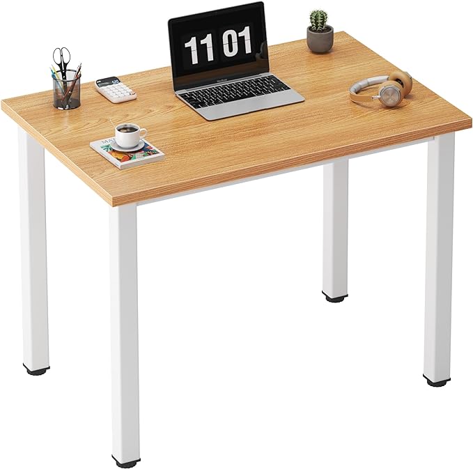 Need Small Desk, 31.5 inch Sturdy Writing Desk for Small Spaces, Small Computer Desk Teens Desk Study Table Laptop Desk Home Ofice Desk, White Metal Frame, Teak - LeafyLoom