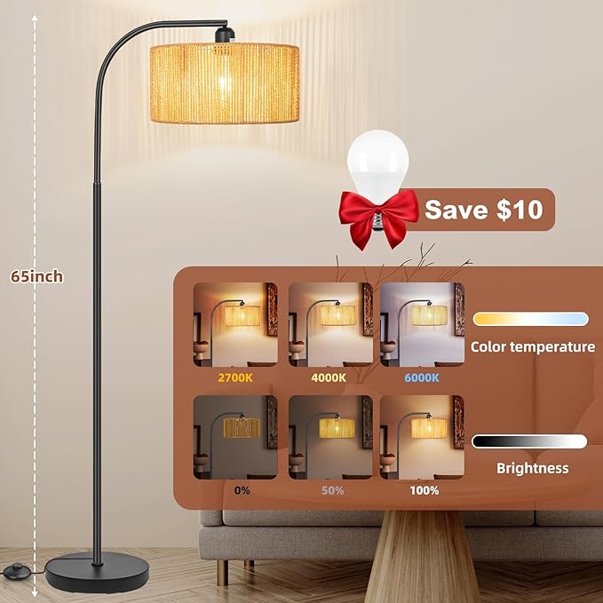Boho Standing Lamp with Dimmable Bulb Nartual Rattan Adjustable Lampshade, Black Modern Farmhouse Rattan Floor Lamp for Living Room, Bedroom, Office, Classroom - LeafyLoom