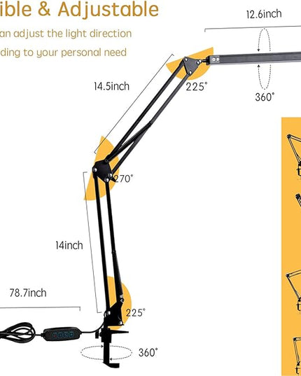 LED Desk Lamp, Adjustable Swing Arm Lamp with Clamp, Eye-Caring Reading Light, 10 Brightness Levels, 3 Lighting Modes, Memory Function Lamps for Home Office Adapter (Black) - LeafyLoom