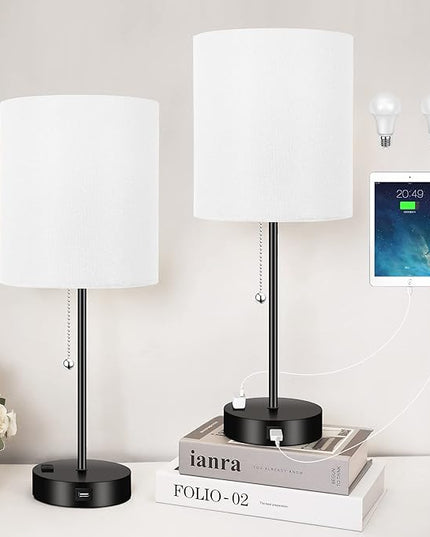 3 Color Temperature Bedside Table Lamps Set of 2, Modern Small Lamp with USB and Outlet, Bedroom Lamp for Nightstand with Chain Switch, White Desk Lamp for Living Room, Two Bulbs Included - LeafyLoom