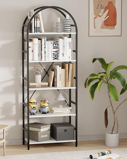 5-Tier Bookshelf, 24 Inch Width Industrial Arched Bookcase, Vintage Storage Rack with Open Shelves, Free Standing Shelf for Home Office, Living Room,Bedroom, Black & White - LeafyLoom