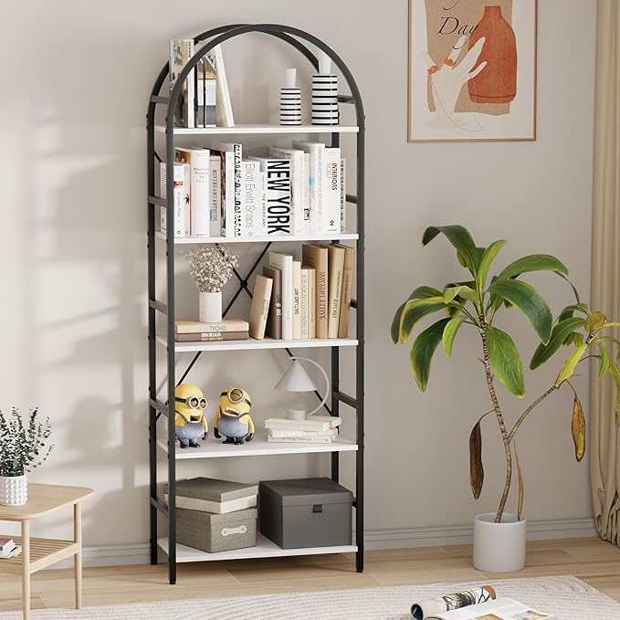5-Tier Bookshelf, 24 Inch Width Industrial Arched Bookcase, Vintage Storage Rack with Open Shelves, Free Standing Shelf for Home Office, Living Room,Bedroom, Black & White - LeafyLoom