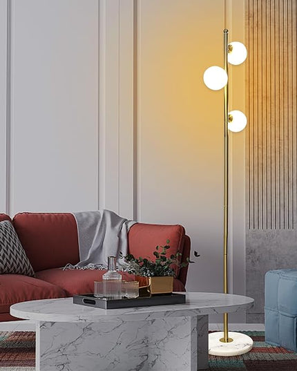 3-Globe Mid Century Floor Lamp for Living Room, Modern Dimmable Tall Standing Lamp with Frosted Glass Shades, Contemporary Gold Pole Lamp for Bedroom Office （Bulbs Included） - LeafyLoom