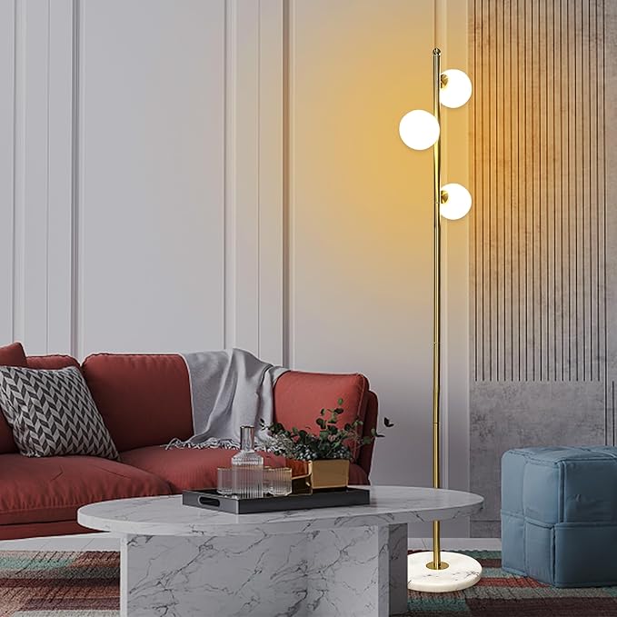 3-Globe Mid Century Floor Lamp for Living Room, Modern Dimmable Tall Standing Lamp with Frosted Glass Shades, Contemporary Gold Pole Lamp for Bedroom Office （Bulbs Included） - LeafyLoom